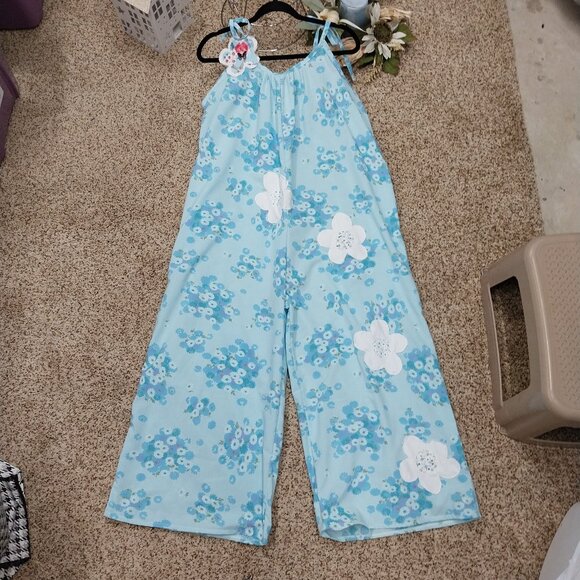 Handmade Pants - 3528 Size XL Handmacde Jumpsuit In Blue and Purple with Appliqued Flowers.